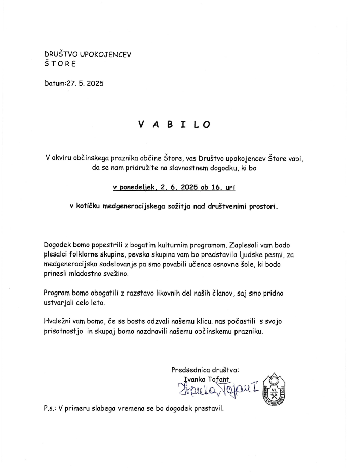 Vabilo Društvo upokojencev Štore